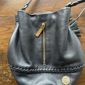 Vince Camuto Black Leather Bucket Bag with Gold Accents